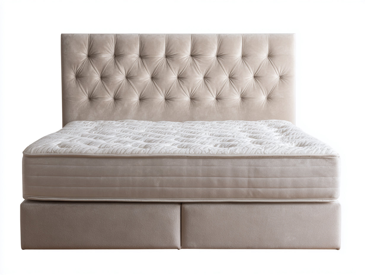 Camas dobles tapizadas de terciopelo 214 x 174 x 140 cm - Beige claro - Cabecero alto capitoné y base acolchada