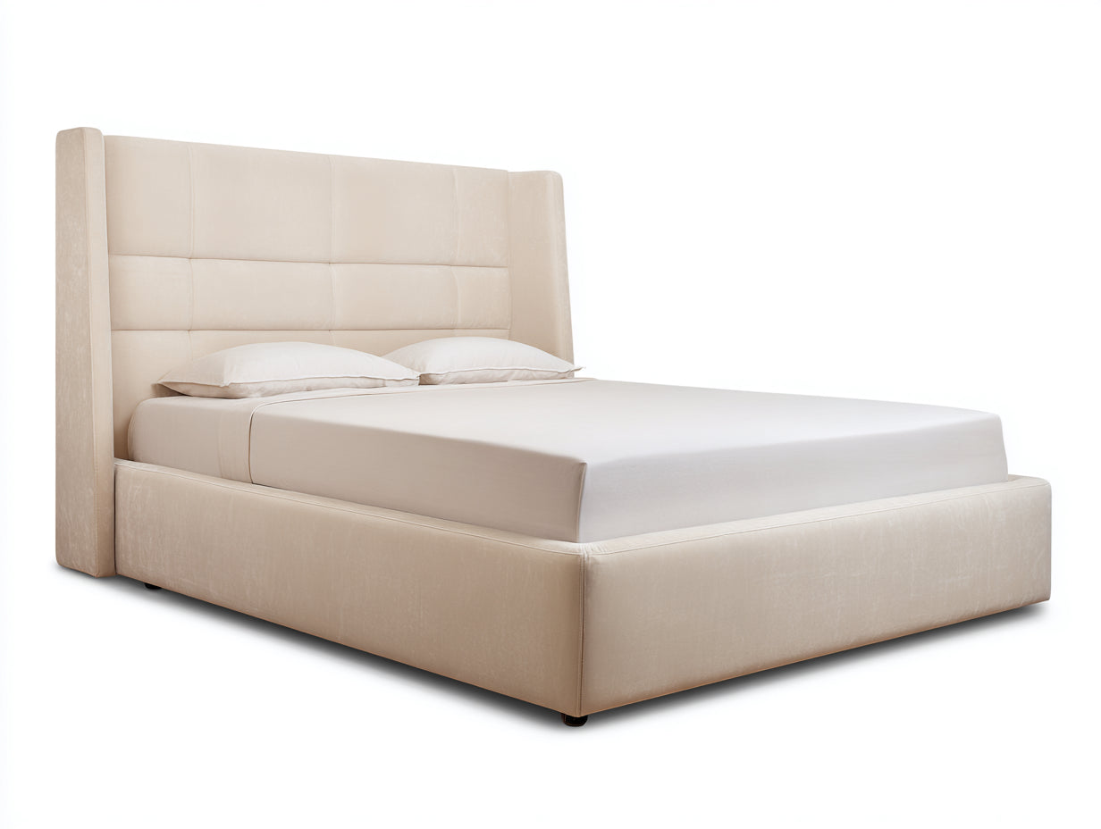 Camas dobles tapizadas 215 x 190 x 145 cm - Beige claro - Cabecero alto acolchado con laterales envolventes