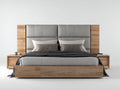 Camas dobles de madera y tela 200x160x110 cm - gris y madera natural - diseño moderno con cabecero acolchado