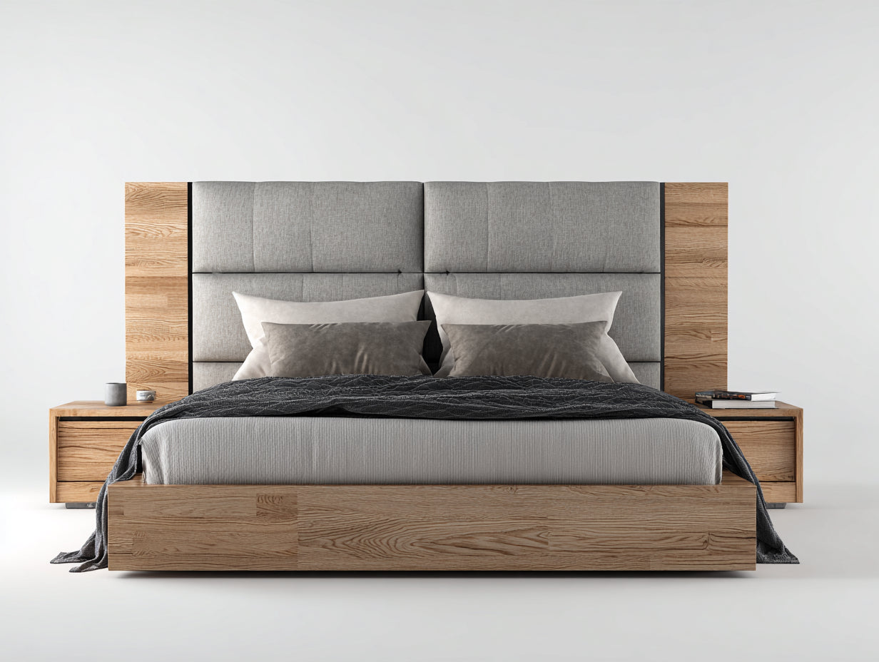 Camas dobles de madera y tela 200x160x110 cm - gris y madera natural - diseño moderno con cabecero acolchado