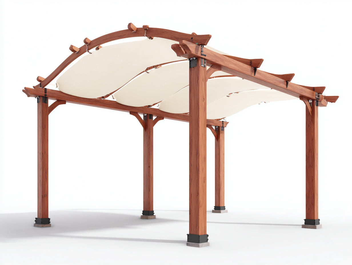 Pérgola de jardín de madera 400 x 300 x 270 cm - Marrón y blanco crema - Cubierta textil ondulada y estructura de 6 postes