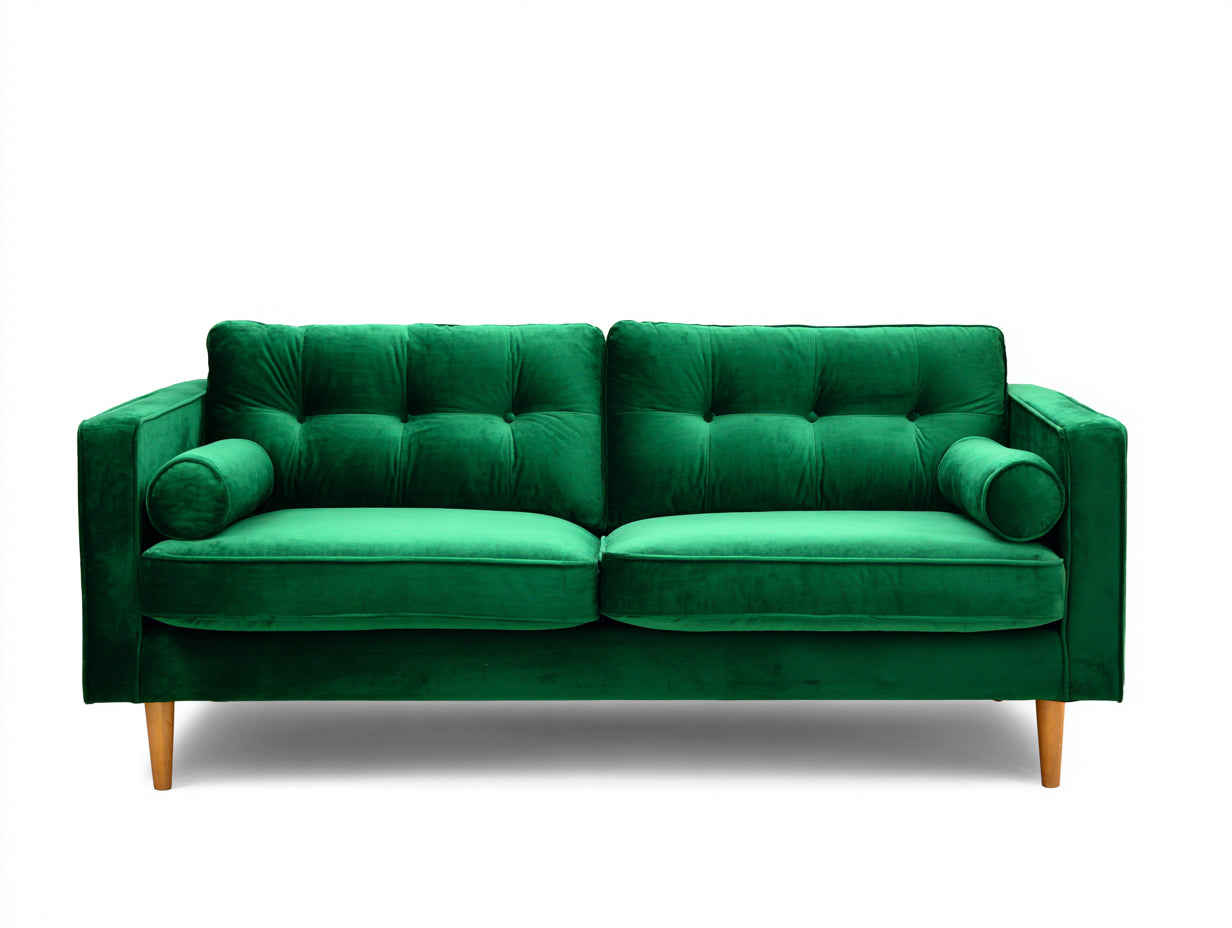 Sofás lineales de terciopelo verde 220 x 85 x 82 cm - sofá de 3 plazas con respaldo acolchado y patas de madera
