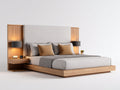 Camas dobles con estructura efecto madera 260 x 220 x 150 cm - Roble natural y gris claro - Cabecero tapizado de diseño moderno