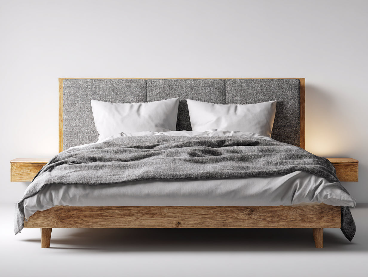 Camas dobles tapizada de tela y madera 200x180x110 cm gris y marrón diseño moderno para dormitorio