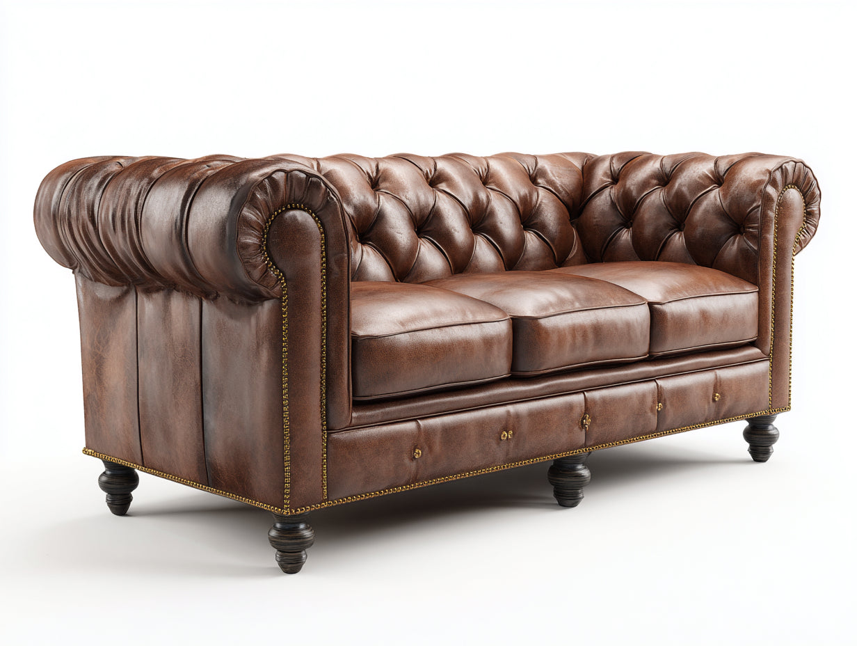 Sofás lineales de cuero sintético 240x95x85 cm marrón diseño Chesterfield clásico para salón