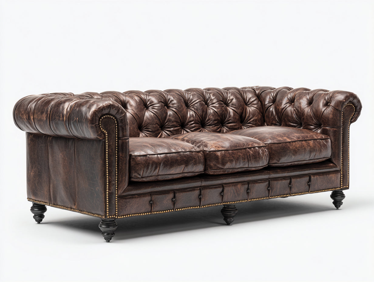 Sofás lineales de cuero 225x95x78 cm - Marrón oscuro - Diseño Chesterfield clásico