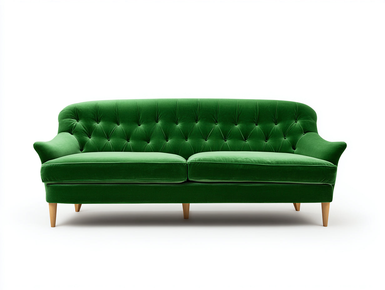 Sofás lineales de terciopelo verde 230 x 90 x 85 cm - sofá de 3 plazas con respaldo capitoné y patas de madera