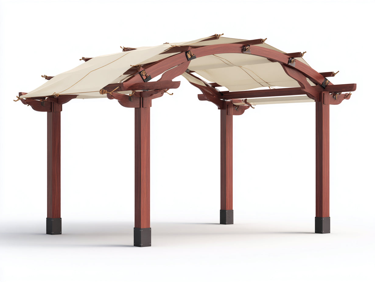 Pérgola de jardín de madera 300 x 300 x 255 cm - Marrón rojizo y beige - Cubierta textil arqueada para exterior