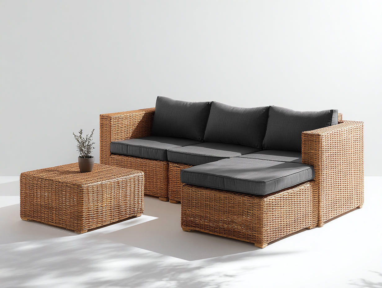 Sofás de exterior de ratán sintético 260 x 170 x 75 cm - Marrón y gris oscuro - Diseño esquinero con mesa de centro
