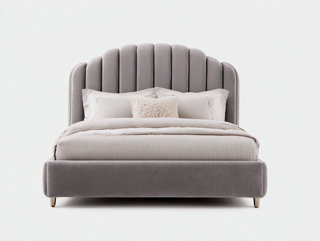Camas dobles tapizadas de terciopelo 215 x 175 x 145 cm - Gris topo - Cabecero alto acanalado de estilo moderno