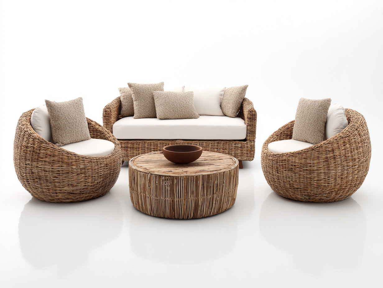 Sofás de exterior de ratán sintético 220 x 80 x 78 cm - color natural y blanco - conjunto de jardín con mesa de centro