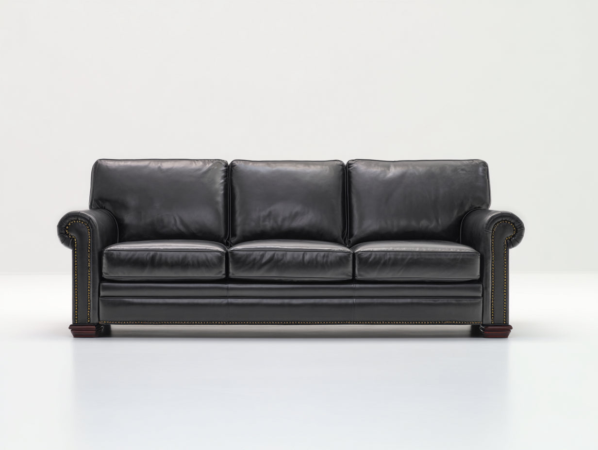 Sofás lineales de cuero 225 x 95 x 90 cm - Negro - 3 plazas con brazos redondeados y tachuelas decorativas