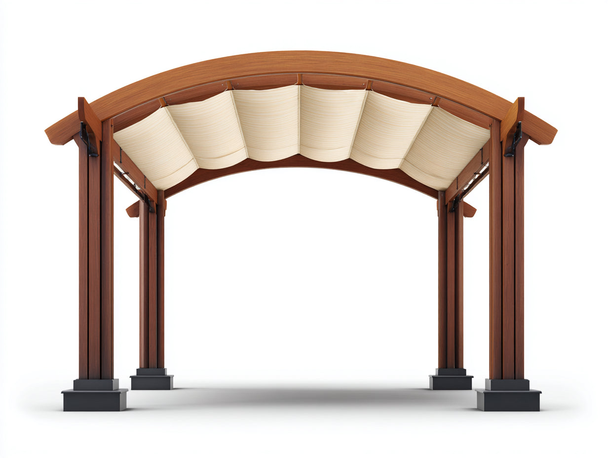Pérgola de jardín de madera 300 x 300 x 260 cm - Marrón rojizo y beige - Techo arqueado con cubierta textil retráctil
