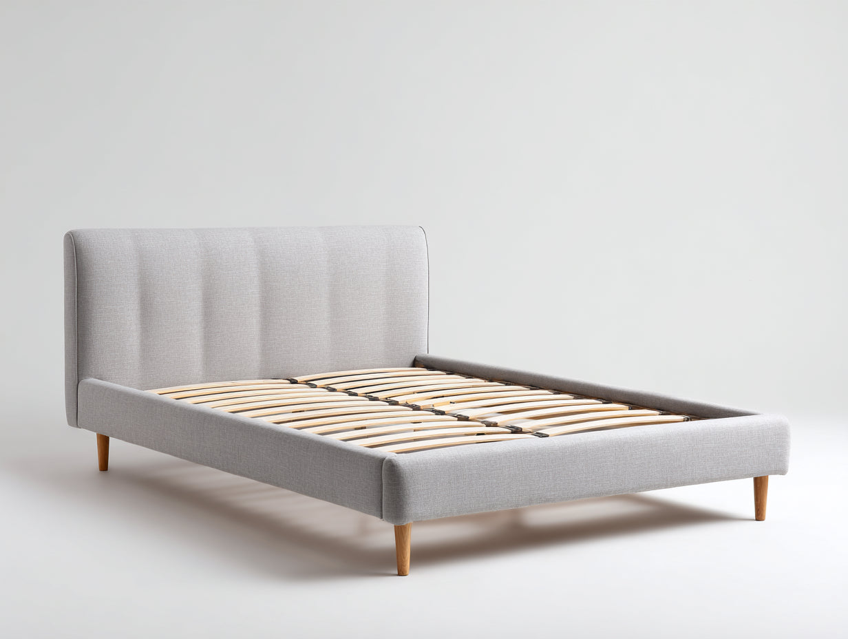 Camas dobles tapizadas 210 x 165 x 105 cm - Gris claro - Somier de láminas y patas de madera