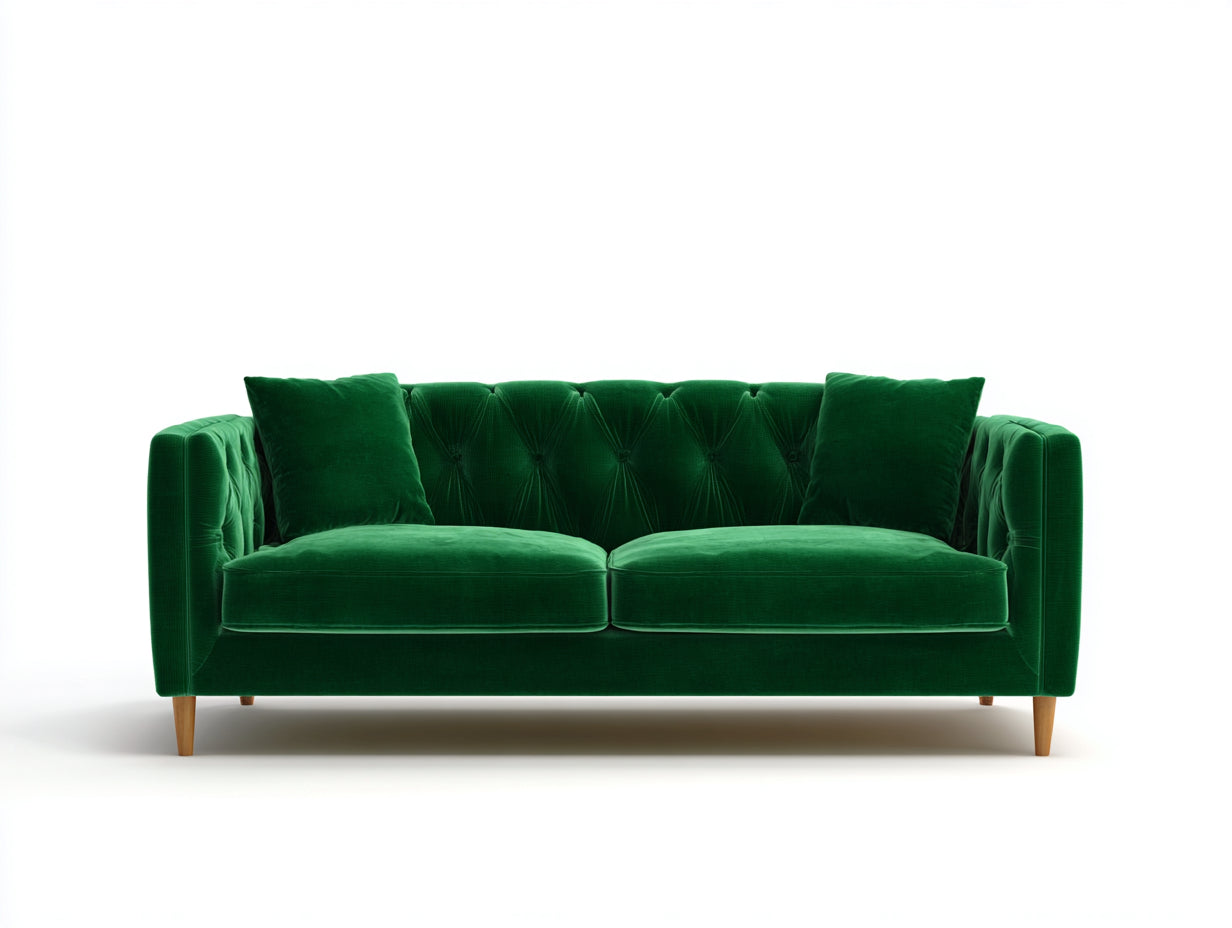 Sofás lineales de terciopelo 210 x 90 x 82 cm - Verde esmeralda - Diseño capitoné con patas de madera