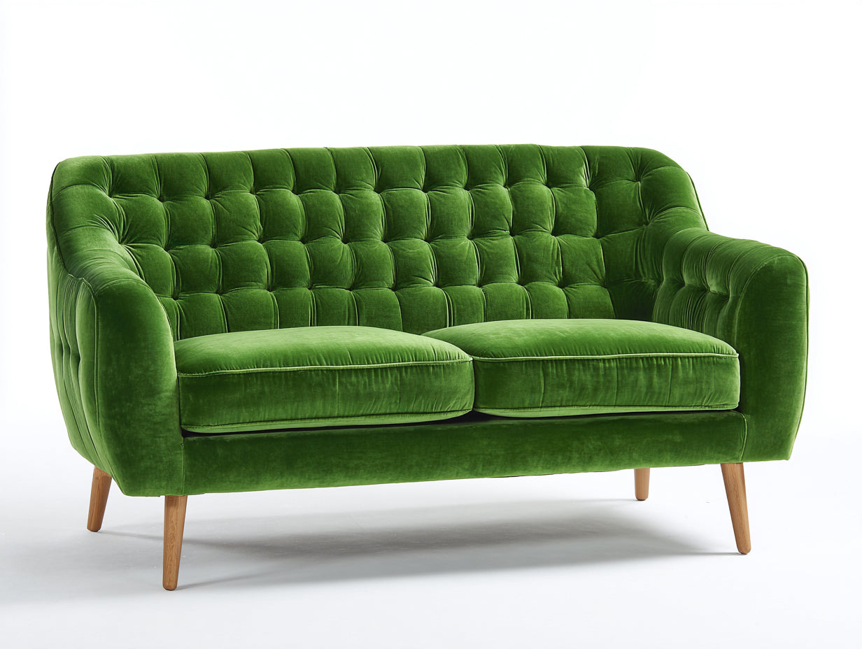 Sofás lineales de terciopelo verde 230 x 90 x 85 cm - sofá de 3 plazas con respaldo capitoné y patas de madera