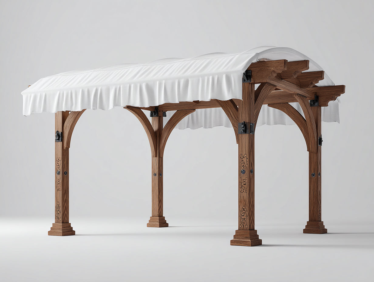 Pérgola de jardín de madera 300 x 300 x 260 cm - Marrón y blanco - Techo textil retráctil y estructura decorativa